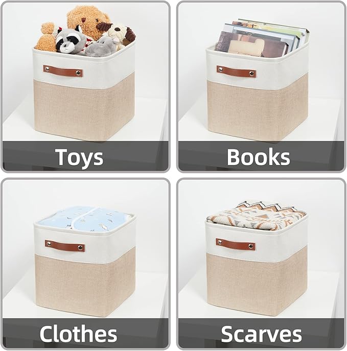 HNZIGE Foldable Storage Cubes Baskets for Organizing Set of 4, Fabric Cube Storage Bins 11 x11, Collapsible Storage Basket Bins Cube with Handles for Shelves Home Nursery(White Beige)