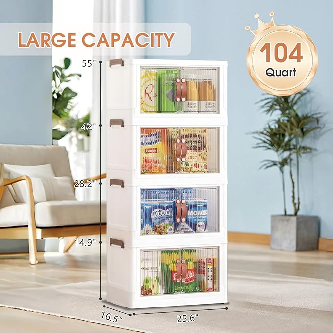 4 Tier Storage Bins with Lids, 104QT Collapsible Plastic Storage Bins, Folding Storage Boxes with Doors, Stackable Storage Organizer for Home, Office and Dorm