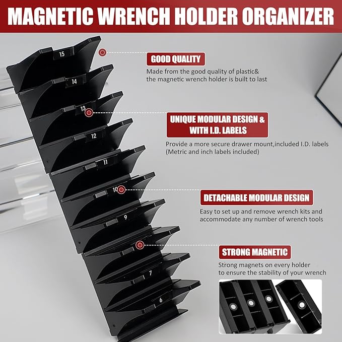 24 PCS Magnetic Modular Wrench Organizer Wrench Holder - Wrenchs Tool Organizers for Tool Drawer Storage, Wrenchs Rack with Metric SAE Labels, Tool Storage Set Holder Festival for Mechanics
