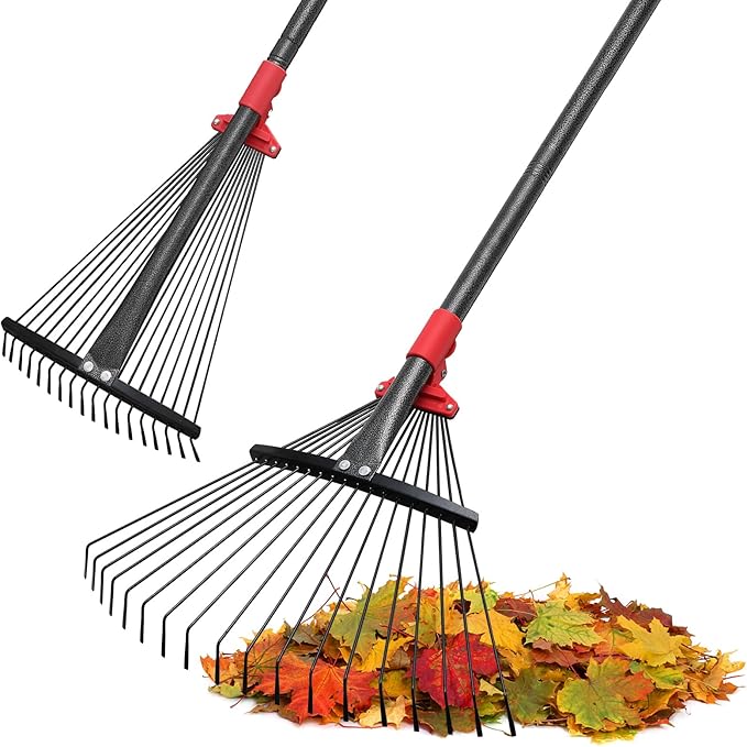Rake for Leaves, Adjustable Garden Leaf Rakes for Lawns Heavy Duty, Metal Rake with 18 Clog-Free Tines, 9”-17” Collapsible Head, 6 ft Long Handle, Yard Tools for Gardening Camping Fast Cleanup