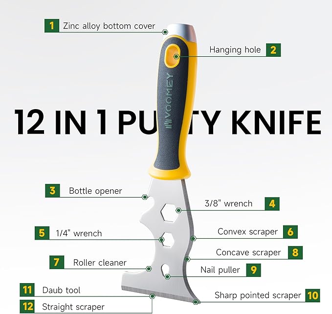 Voomey 12-In-1 Putty Knife,Multifunctional Paint Scraper Tool, Stainless Steel Paint Scraper, Metal Scraper Used For Cleaning Paint Rollers, Removing Wall Cracks,Etc