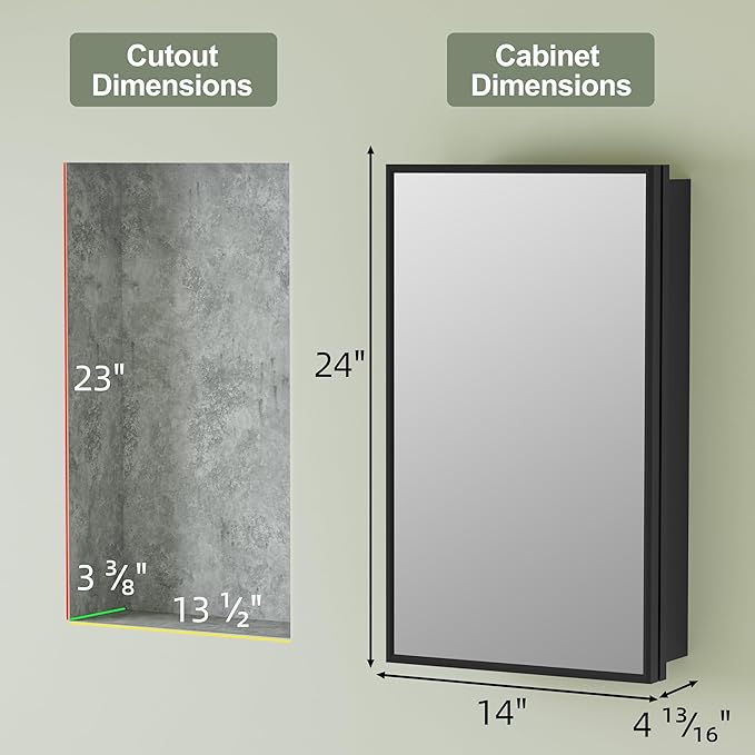 Buruis 14"x 24" Framed Medicine Cabinet with Mirror, Recessed or Wall Mounted Bathroom Cabinet, Adjustable Tempered Glass Shelves, Left/Right Open Reversible, No Assembly Required, Black