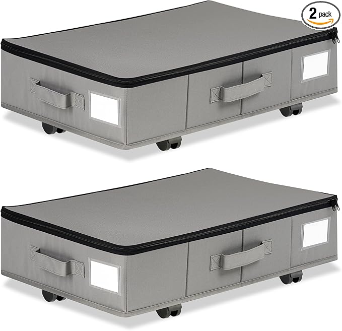 Under Bed Storage with Wheels, 2 Pack Under Bed Storage Containers with Label Holders for Clothes, Shoes and Blankets, Rolling Underbed Shoe Organizer with Cover, Grey (23.6 x 15.7 x 7.28 in)