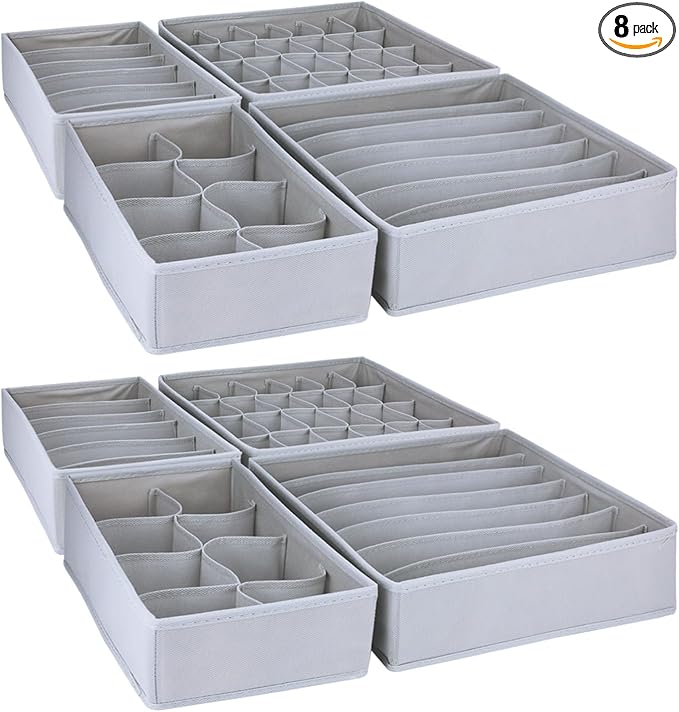 8 Pack Foldable Drawer Organizer - Light Gray Fabric Bins for Clothes, Underwear, Socks & More
