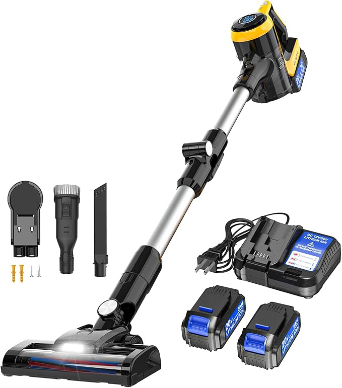 Ecarke Cordless Stick Vacuum Cleaner Compatible with DeWalt Battery, 350W Brushless Motor, 30KPa Suction, 6-in-1 180° Bendable Wand, Smart Screen 2x5AH Batteries & Charger – Hardwood Floors