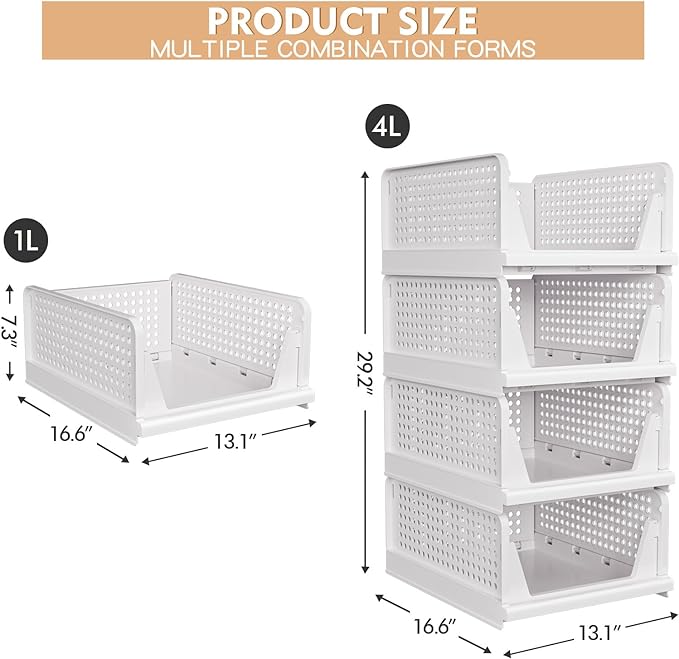 4 Pack Stackable Closet Storage Basket - Stackable Storage Bins, Multifunctional & Foldable Closet Organizer, Wardrobe Cupboard Space-Saving Clothes Storage Hat Organizer, White