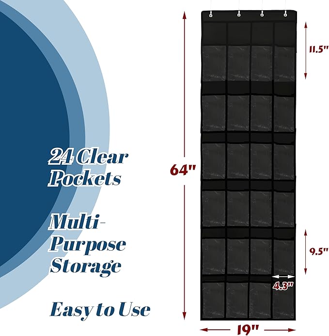 Simple Houseware 24 Pockets - Crystal Clear Over The Door Hanging Shoe Organizer, Black (64'' x 19'')