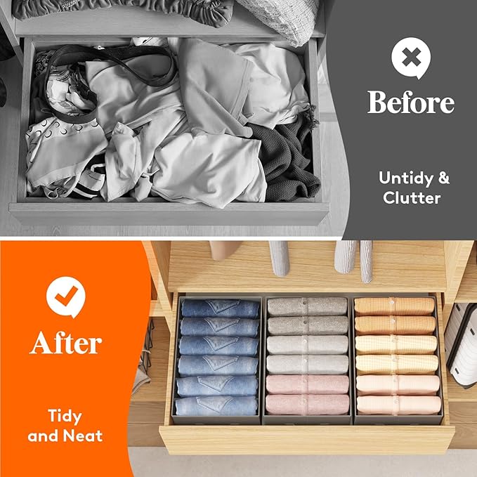 Lifewit 6 Pack Clothes Organizer, 6 Grids Closet Jean Storage Bins with Handles and Support Boards, Foldable Drawer Organizer for Sweater, Pants, T-shirt, Dress, Grey, Size 16.5''x10.6''x7.1''