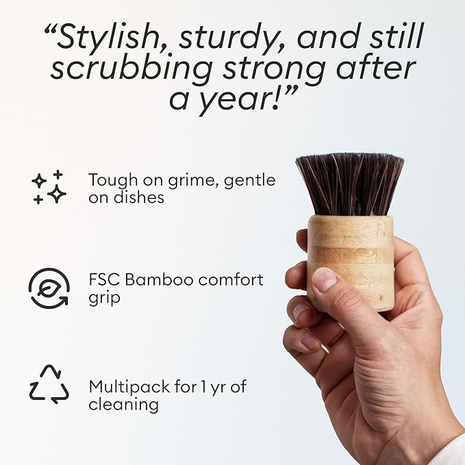 Vove Bamboo Scrub Brush Set, 3 Pack - FSC Certified Bamboo, Plastic-Free Natural Fiber Bristles, Sisal & Union Fibers, Stainless Steel - Kitchen Dish Scrubbing Set, 2 Hard, 1 Medium