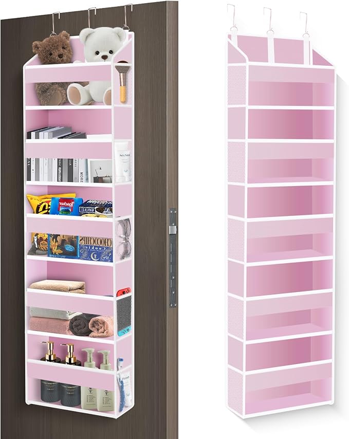 Over the Door Organizer Closet,5 Bins 10 Side Pockets,Hanging Door Organizer,Anti Tilt 44 lbs Load Organizers and Storage with Clear Window for Bedroom,Nursery,Rv,Bathroom,Camper(Pink)