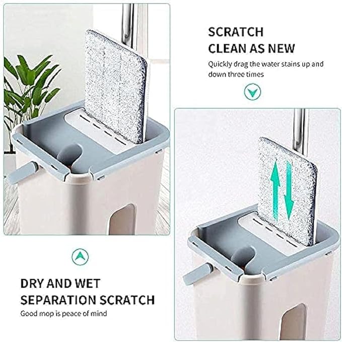 Heavy Quality Floor Mop with Bucket, Flexible Kitchen Tap Flat Squeeze Cleaning Supplies, 360° Flexible Quiet, 2 Reusable Pads, Microfiber, Adjustment Office Mop (Multicolour)