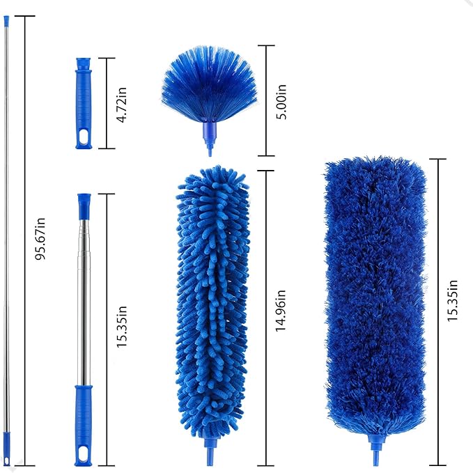 Duster, Microfiber Dusters with 2 Handle Sets, Durable 15-100 Inches Long Telescopic Rod, Washable, Feather Dusters for Cleaning Cobweb and Ceilings Fans, 5 Pack (Blue)