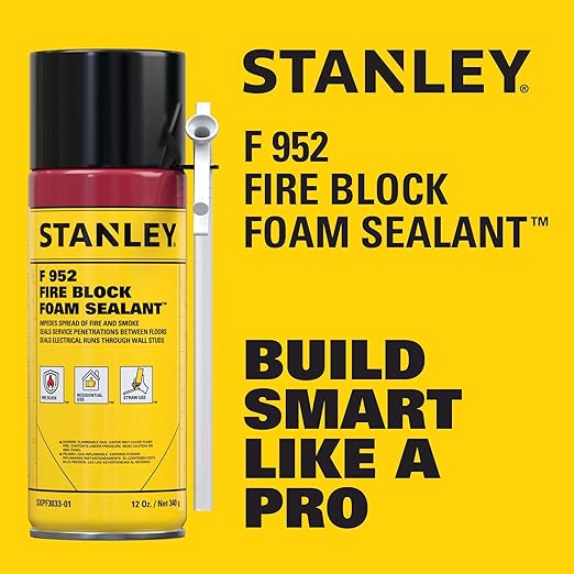 Stanley F952 Fire Block Spray Foam – (2x12oz) Fire Rated Expanding Polyurethane Foam Sealant for Gap Filling & Sealing on Doors, Windows, Walls, Pipes & Joints – Indoor/Outdoor Straw Use | 2 Pack