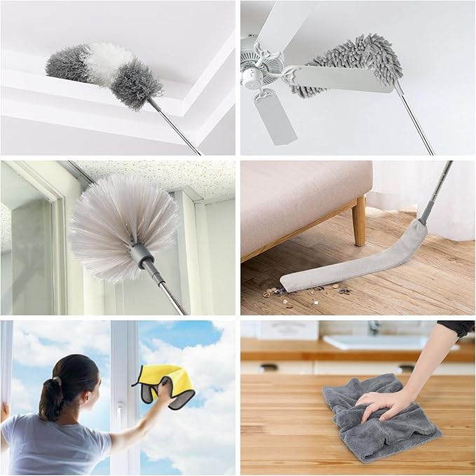 Microfiber Duster Kit 36pcs with 30 to 100 in Extension Pole and Ceiling Fan Cleaner Duster, Washable and Bendable Feather Duster for Cleaning Ceiling Fans, High Ceilings, Blinds, Grey