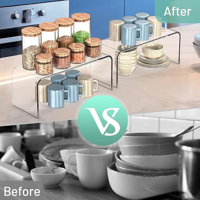 Clear Cabinet Shelf Organizers, 2 Pack Shelf Risers Kitchen Cabinets, Spice Rack for Dishes, Soda Cans and Cup（11.8 x 4.72 x 4.72 Inch）