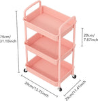 MOYIPIN 3-Tier Plastic Rolling Utility Cart with Handle,Utility Storage Cart for Office, Living Room, Kitchen,Movable Storage Organizer Shelves,Pink