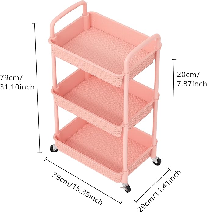 MOYIPIN 3-Tier Plastic Rolling Utility Cart with Handle,Utility Storage Cart for Office, Living Room, Kitchen,Movable Storage Organizer Shelves,Pink