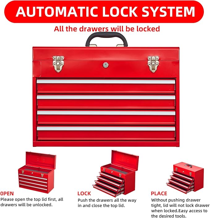 Tool Chest Cabinet, Large Capacity Metal Tool Box with Wheels and Cylinder Locking, Roll Around Storage Organizer Tool Cart for Garage, Redtool cabinets on Wheels (Red, 4-Drawer)