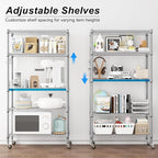 Homdox 5 Tier Adjustable Rolling Storage Shelves, Heavy Duty Wire Racks and Shelving, Metal Shelves for with Side Hooks Pantry Closet Kitchen Garage Organization, Silver Gray