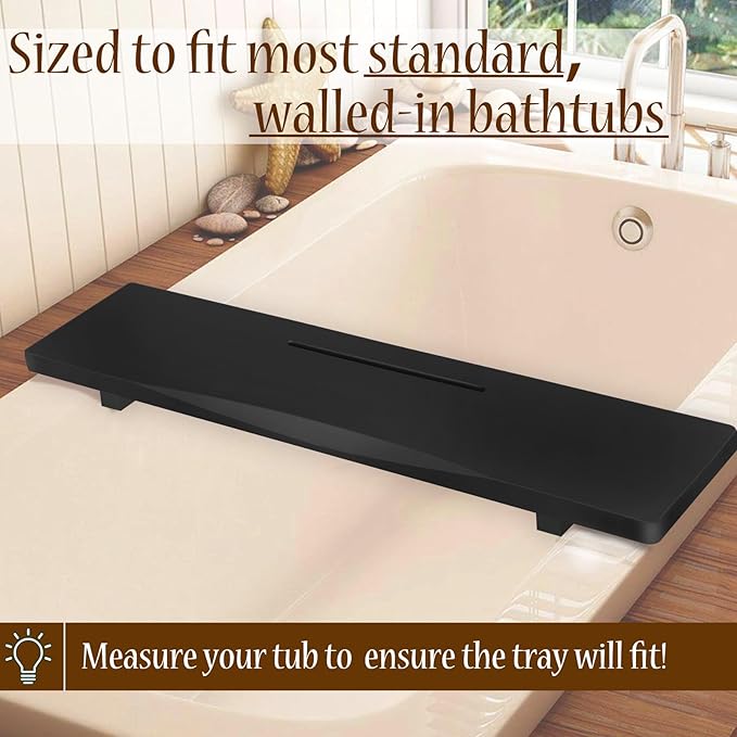 Stylish Black Bamboo Bathtub Tray Caddy with Adjustable Legs, Minimalistic Design Bath Tray for Tub, Bathtub Accessories, Fits Most Standard Bath Tubs, Idea for Women