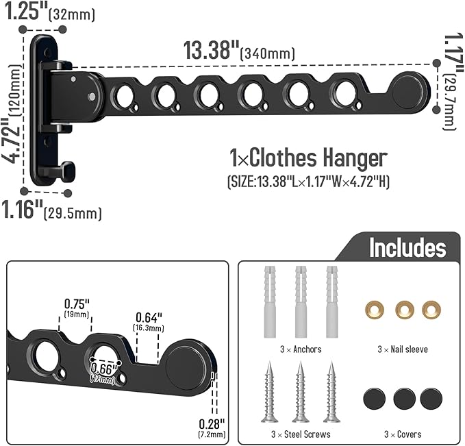 Danpoo Clothes Drying Rack Foldable Wall Mounted Laundry Drying Rack Clothing Coat Hanger Clothes Dryer Black