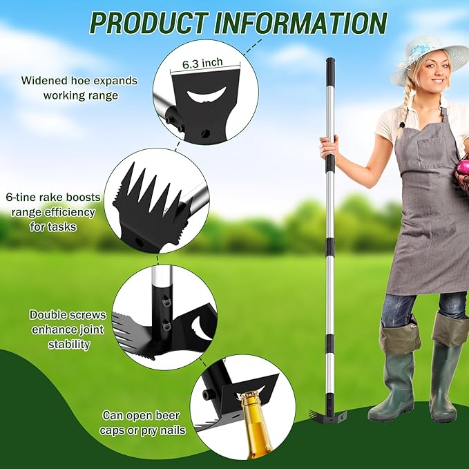 Weed Puller Tool with Long Handle – 2-in-1 Handle Garden Hoe and Weed Rake, Hoe Garden Tool for Home Gardens, Lawns, and Yards