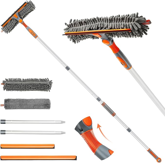 Eazer 89'' Squeegee Window Cleaner 2 in 1 Rotatable Window Cleaning Tool Kit with Extension Pole, Window Washing Equipment with Bendable Head for Indoor/Outdoor Window and Car Glass