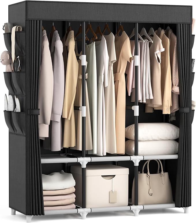 VTRIN Portable Closet Wardrobe for Hanging Clothes Closet with Cover, 3 Hanging rods, 6 Storage Shelves and Side Pocket, Diameter 19mm Metal Pipe, Sturdy Free Standing Closet for Bedroom, Black