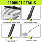 Lasnten 2 Set Pitch Fork Manure Fork with Long Handle Pitchfork Muck Rake Tool for Gardening Horse Stall Stable Grass Hay Cleaning Farm Work (Metal Head)