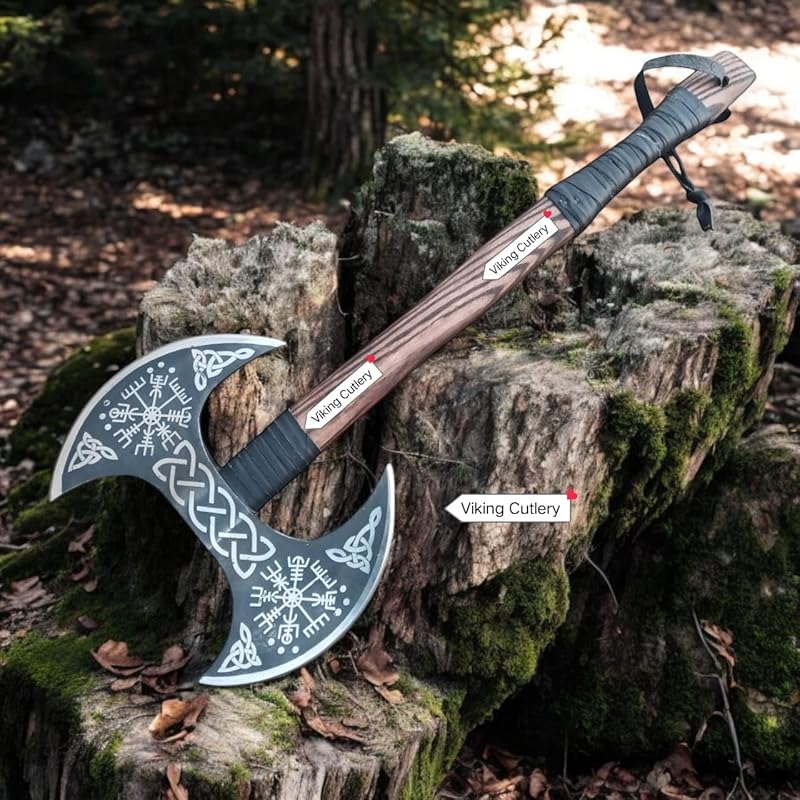 [Viking Cutlery] Double-Headed Viking Axe – Hand-Forged Norse Berserker Battle Axe | Large Dual Blade Steel Axe | Broad Dane Hunting Axe | Unique Gift for Men
