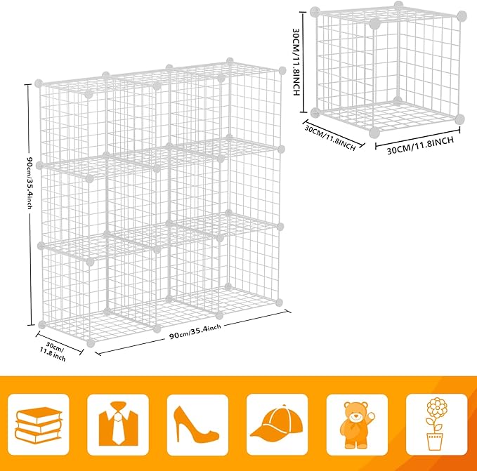 HUBSON Wire Cube Storage Organizer, Book/Toy/Craft/Potted Plants and petCloset Organizers and Storage Shelves, 9-Cube Freely Combinable Metal Grids Storage Shelf, White Iron
