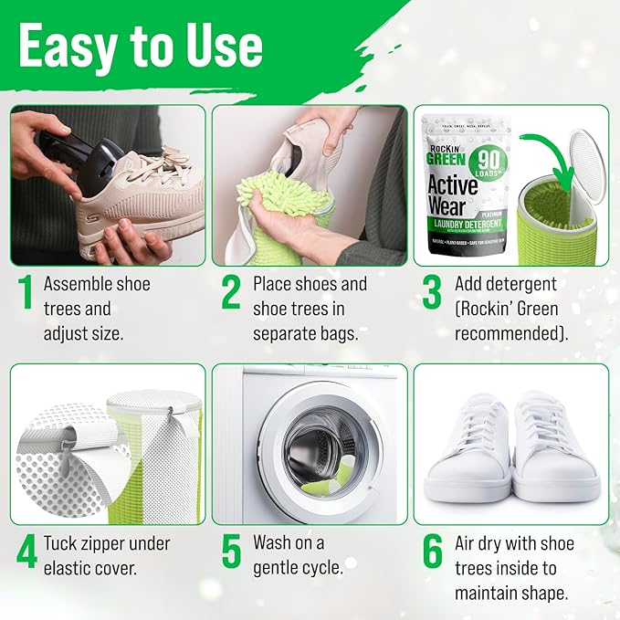 Rockin'Green Shoe Washing Machine Bag - 360° Deep Clean Shoe Washing Bag - Shoe Bag for Washing Machine with Cleaning Fibers - Reusable Sneaker Washing Machine Bag with Zipper (2 Pieces)