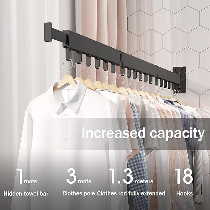 Clothes Drying Rack,Wall Mounted Space-Saver,Retractable,Collapsible, Strong Load-Bearing,ing Rack Clothing,Laundry Drying Rack（Windproof Ring, Three Pole）