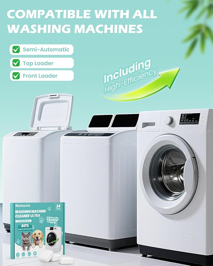 Washing Machine Cleaner Tablets: 40% Stronger Cleaning Power, Deep Cleaning Tablets For HE, Front Loader & Top Load Washer, Removes Pet Hair, Odors, Formulated for Pet Owners, 24 Pack, 15G