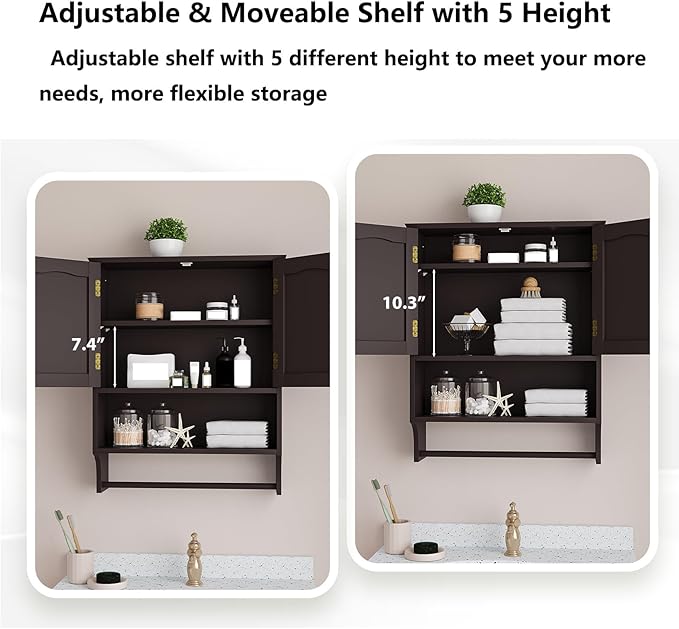 Bathroom Cabinet, Bathroom Wall Cabinet with 2 Doors and Adjustable Shelf, Wooden Medicine Cabinets Wall Mount, Over The Toilet Storage