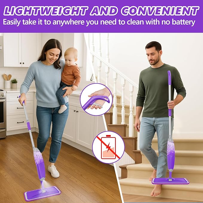 HOMTOYOU Spray Mops for Floor Cleaning: Wet Mop for Hardwood Tile Wood Laminate Vinyl - 3 Washable Microfiber Pads for Swiffer Powermop - Absorbs Pet Hair Dust