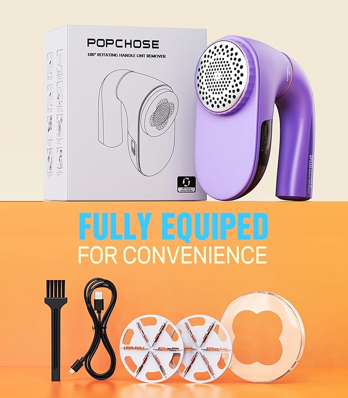 POPCHOSE Fabric Shaver, Lint Remover for Clothes, Lint Shaver with 6-Leaf Blades, 2 Speed Sweater Shavers to Remove Pilling for Clothing, Couch, Furniture, Fuzz, USB Rechargeble, Purple