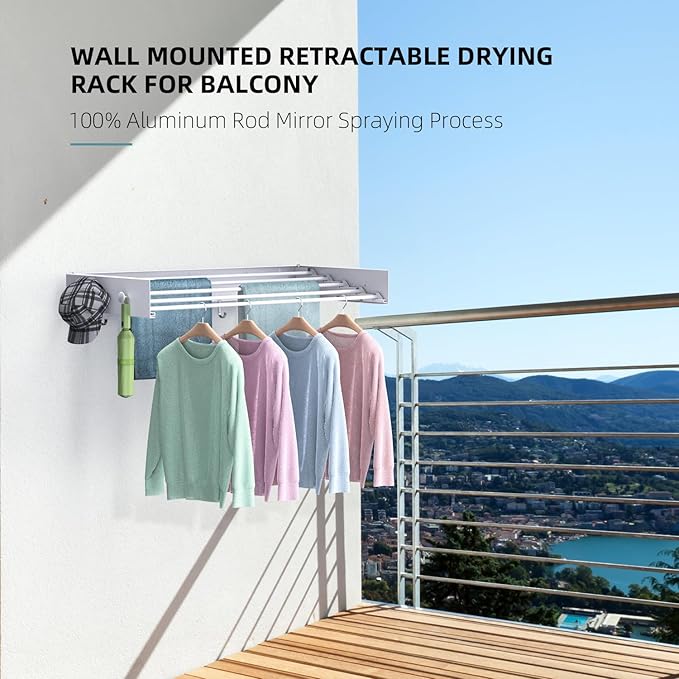 Drying Rack Clothing,Clothes Drying Rack Wall Mounted,Laundry Drying Rack Wall Mount,Foldable,Collapsible,60 lb Capacity 5 Aluminium Poles with 12 Hooks,Space Saving Clothes Drying Rack,White 40"