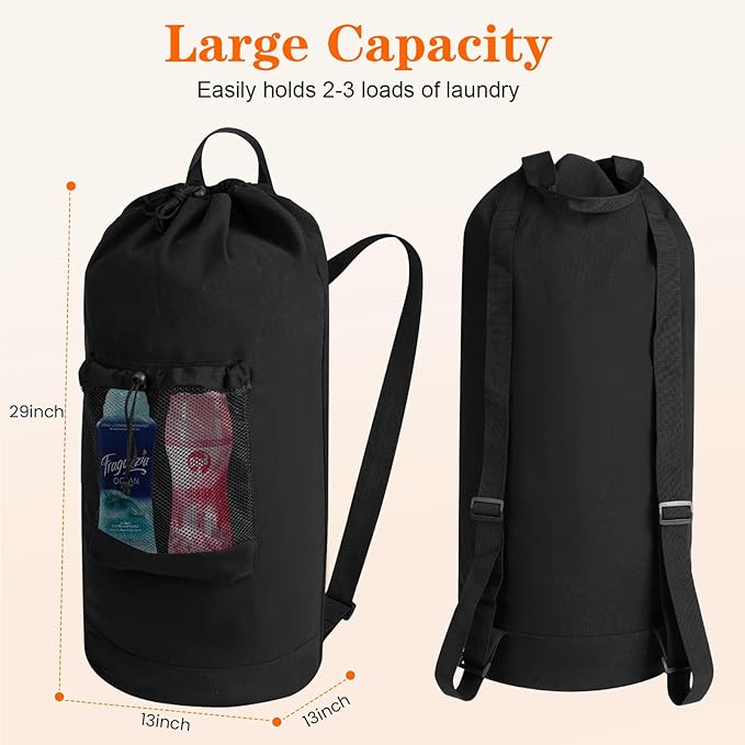 Canvas backpack laundry bag, laundry backpack with shoulder straps and mesh pockets, durable laundry basket bag with drawstring closure, suitable for college, laundromats, and apartments.