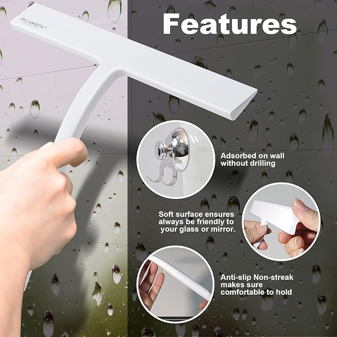 Shower Squeegee for Glass Doors 10 Inch, RICHMIRTH All Purpose Squeegee Cleaning Tool for Window Glass Mirror Bathroom Tile with Suction Cup Hooks - White