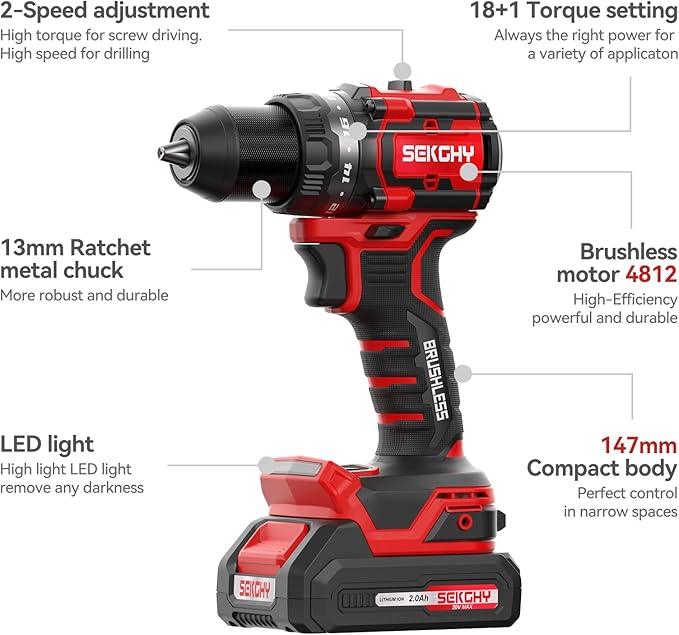 20V MAX Cordless Drill Driver Kit, 70Nm High Torque, LED Light, 26 Piece Accessory Set, 2 Batteries and Fast Charger for Wood Metal Drilling