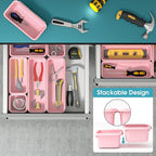 6 PCS Drawer Organizer Set, 3 Size Makeup Drawer Divider Organizer With Non-Slip Pads, Interlocking Plastic Storage Bins for Office,Jewelry Vanity,Gadgets, Bathroom,Kitchen, Pink