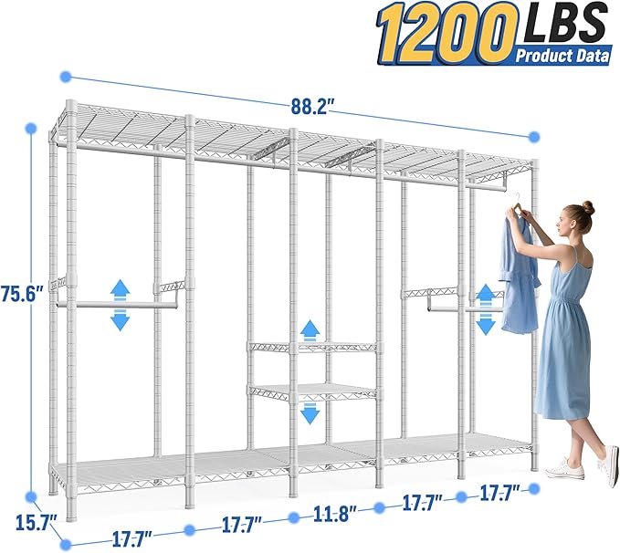Raybee 88.2" W Clothes Rack Heavy Duty Clothing Racks for Hanging Clothes Extra Wide Portable Closet Loads 1200LBS Freestanding Garment Rack for Bedroom 88.2" W x 75.6" H x 15.7" D, White