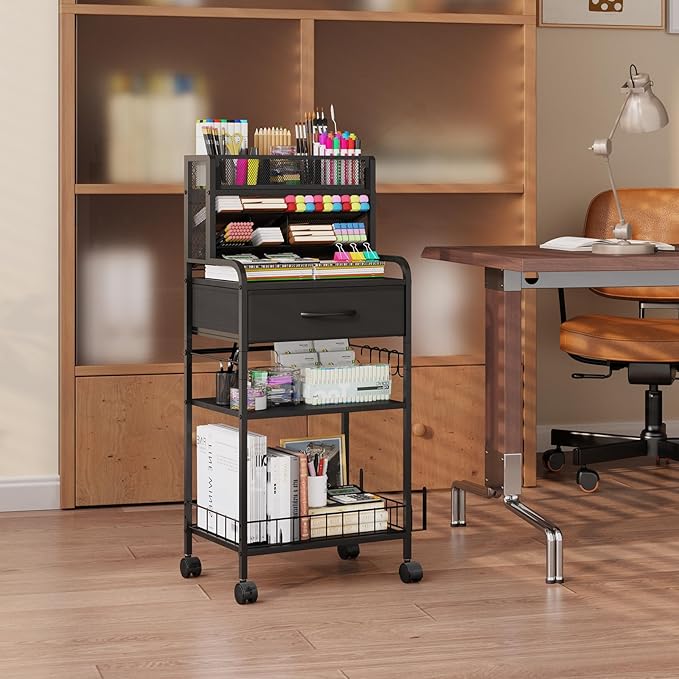 Art cart, 3 Tier Rolling Cart - Utility Cart with Storage Drawer and Wheels, Versatile Art & Craft Organizer for Home, Office, or Studio Ideal for Storing Brushes, Paints (Black)