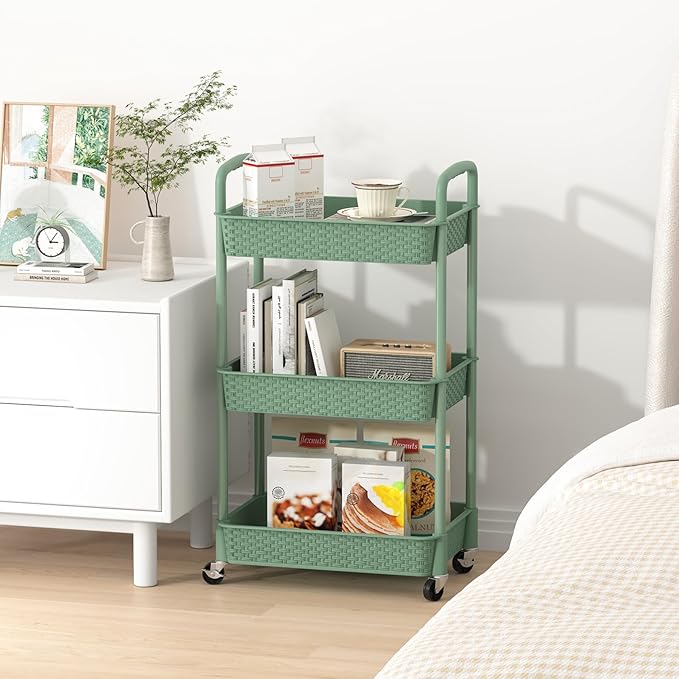 MOYIPIN 3-Tier Plastic Rolling Utility Cart with Handle,Utility Storage Cart for Office, Living Room, Kitchen,Movable Storage Organizer Shelves,Green