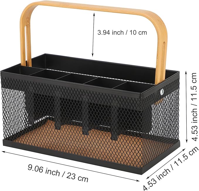 Utensil Caddy Metal Mesh Silverware Cutlery Organizer Basket with Bamboo Handle, Multi-Purpose Steel Wire Caddy 6 Compartment Flatware Basket for Kitchen, Countertop, Picnic, Restaurant, Black