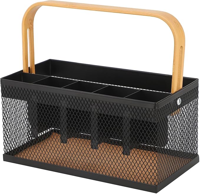 Utensil Caddy Metal Mesh Silverware Cutlery Organizer Basket with Bamboo Handle, Multi-Purpose Steel Wire Caddy 6 Compartment Flatware Basket for Kitchen, Countertop, Picnic, Restaurant, Black
