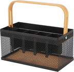 Utensil Caddy Metal Mesh Silverware Cutlery Organizer Basket with Bamboo Handle, Multi-Purpose Steel Wire Caddy 6 Compartment Flatware Basket for Kitchen, Countertop, Picnic, Restaurant, Black