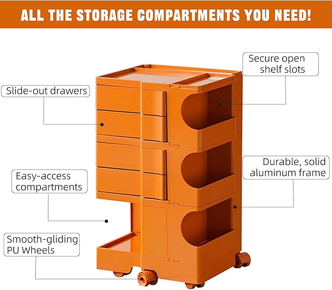 Multipurpose Utility Storage Cart - ABS Plastic Storage Caddy with Wheels and Slide Out Drawers - 360°Rotating Professional Trolley Cart - Mobile Caddy for Salon Supplies, Kitchen Needs (Orange)