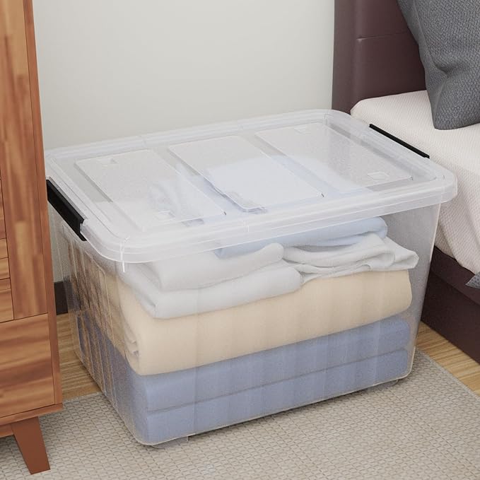 70 Quart Large Storage Bin with Wheels, Clear Plastic Storage Bins with Lids, 4-Pack